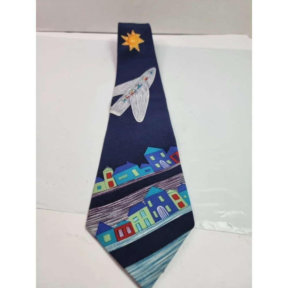 Save the Children Mens Silk Tie Navy Blue Airplane Houses Art Sam Age 10